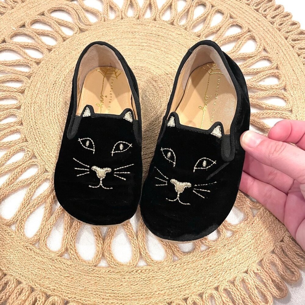 Charlotte Olympia Mini Me Kitty Black Flats Baby Girl Loafers Size 5